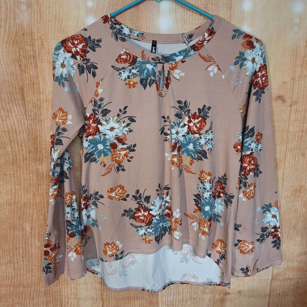 Tan Floral Long Sleeve Blouse with Peter Pan Collar